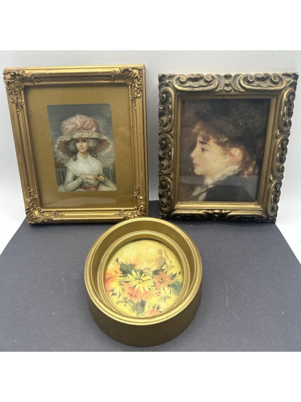 Vintage Hollywood Regency Gold Framed Portrait Art Lot 3 Mini Ornate Wall Decor